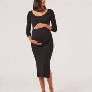 Pact Organic Cotton Maternity 3/4 Sleeve Ruched Midi Dress Black Medium